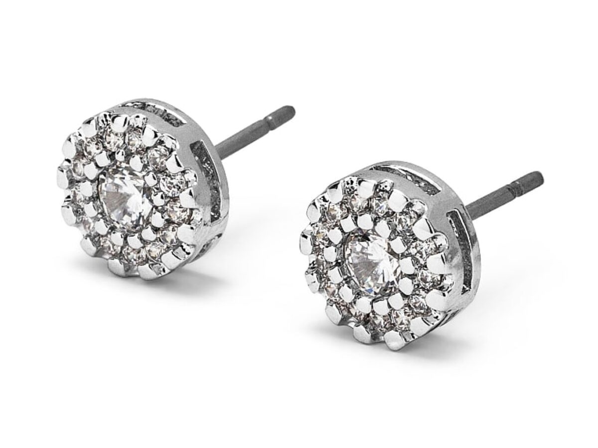 Orecchini A Bottone Con Pietra Accentata, Finti Giada E Cristallo, Colore Argento, Eleganti E Versatili