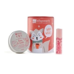 Salvadanaio Volpe Artica - Kit Mani & Labbra (Crema Mani Rosa & Karité + Biocao Melograno) - La Saponaria